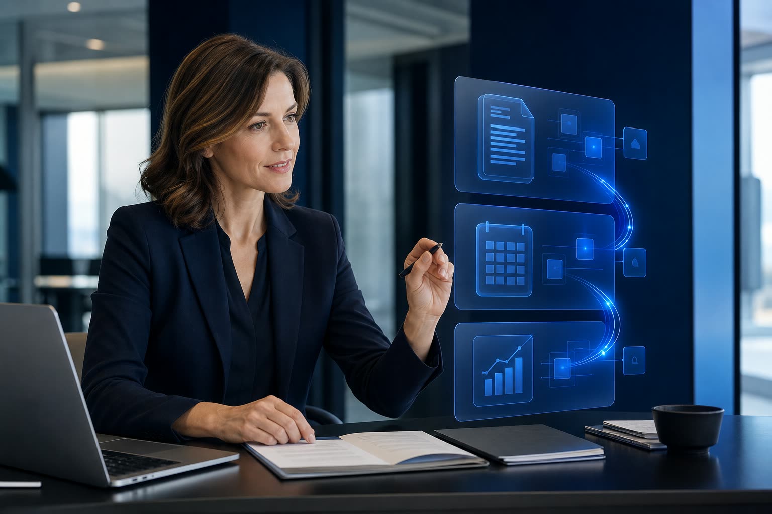Illustrative scene of a business owner working with a digital role for documents, scheduling and analysis