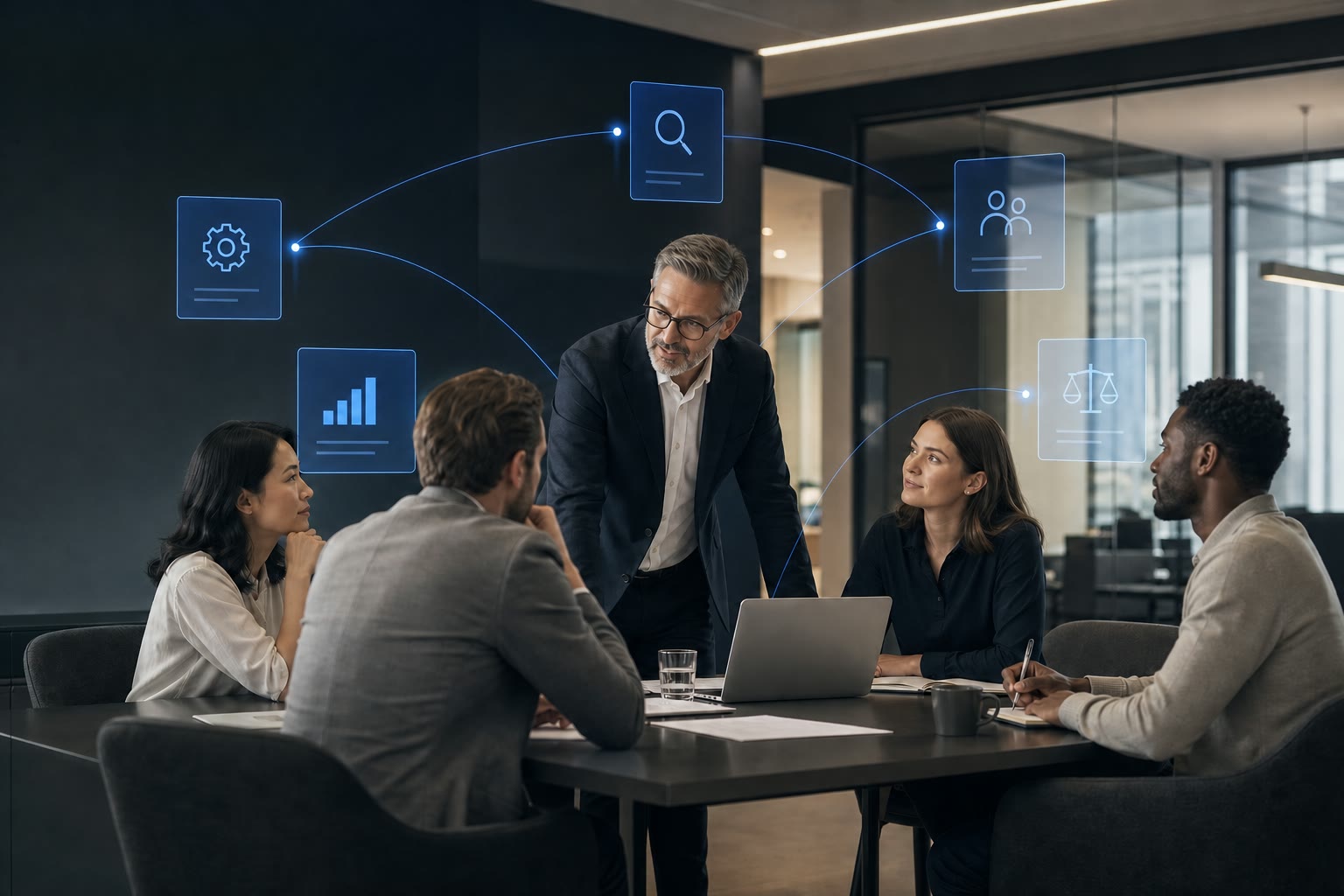 Illustrative team scene showing a human-led, digitally connected AI organisation