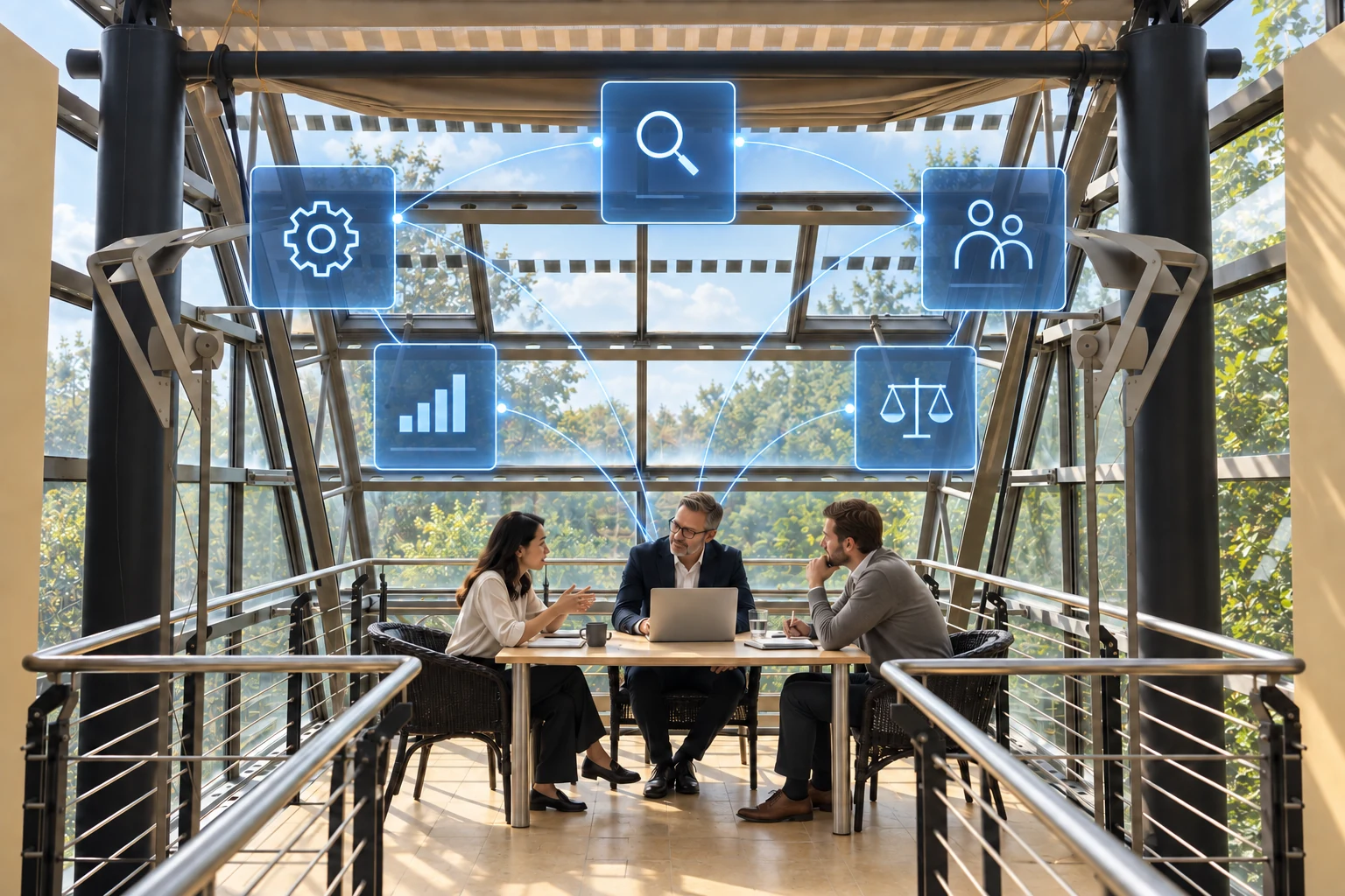 Illustrative team scene showing a human-led, digitally connected AI organisation