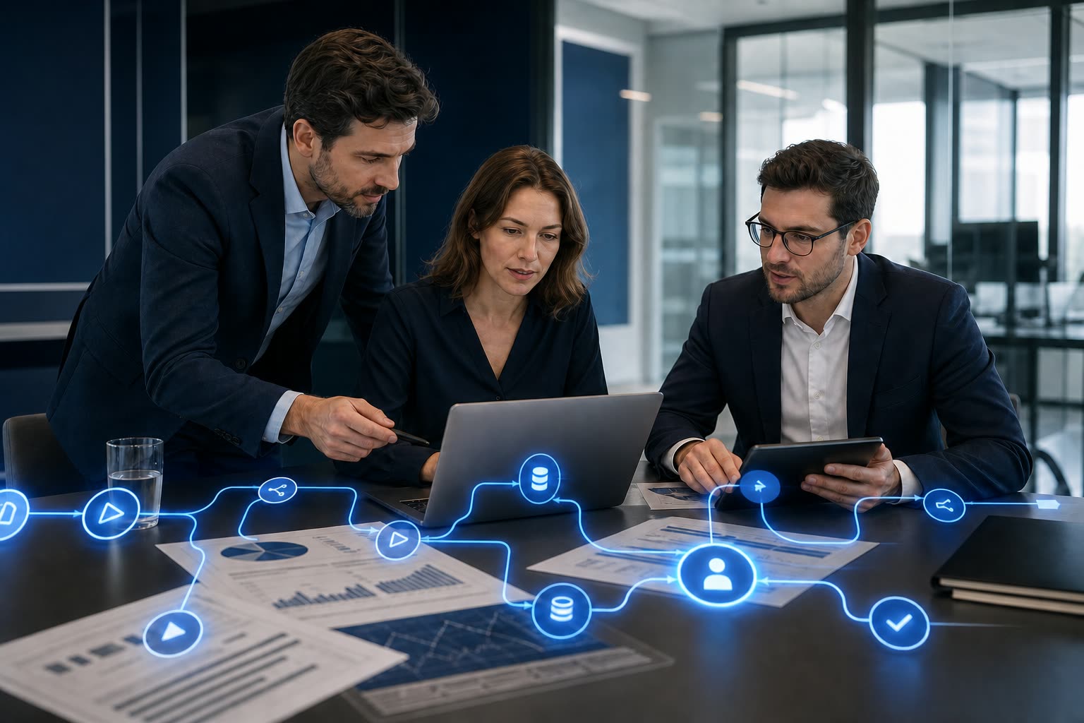 Illustrative process scene: a team supervises a connected AI workflow with human approval