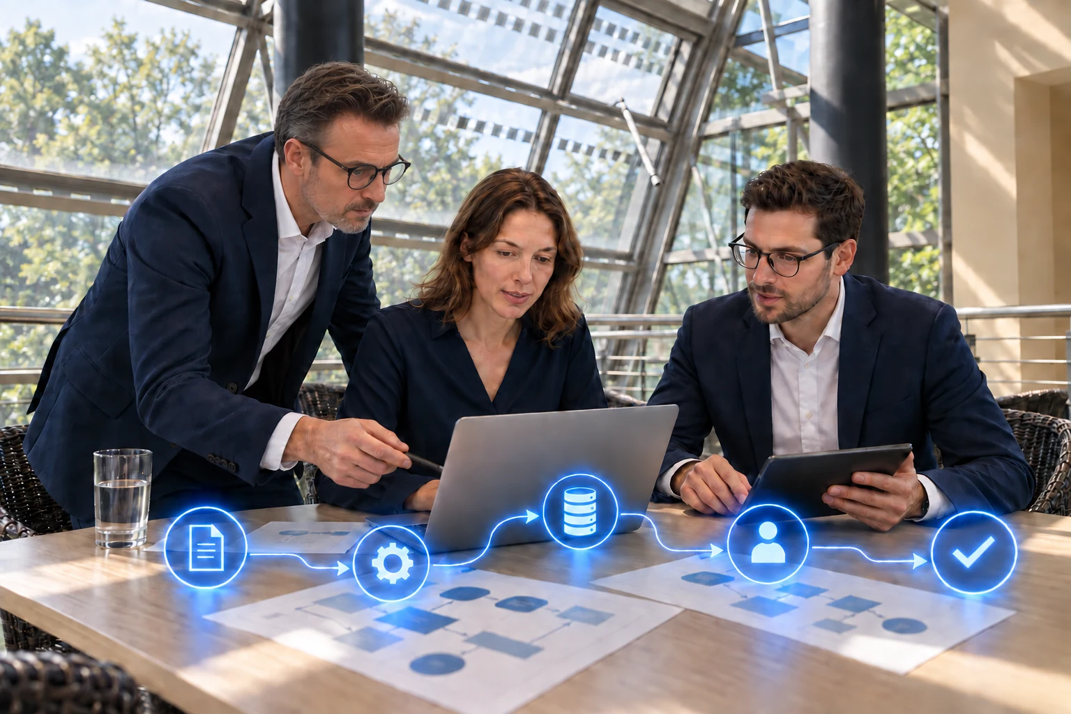 Illustrative process scene: a team supervises a connected AI workflow with human approval