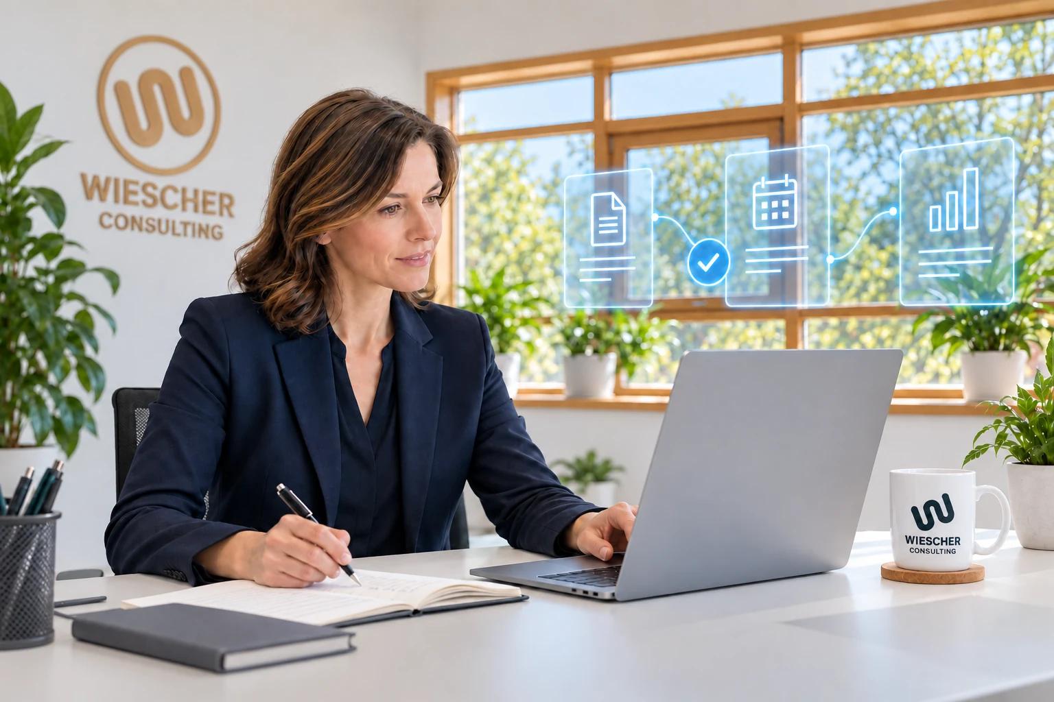 Illustrative scene of a colleague working on documents at a laptop in the WIESCHER office with wooden windows and trees outside.