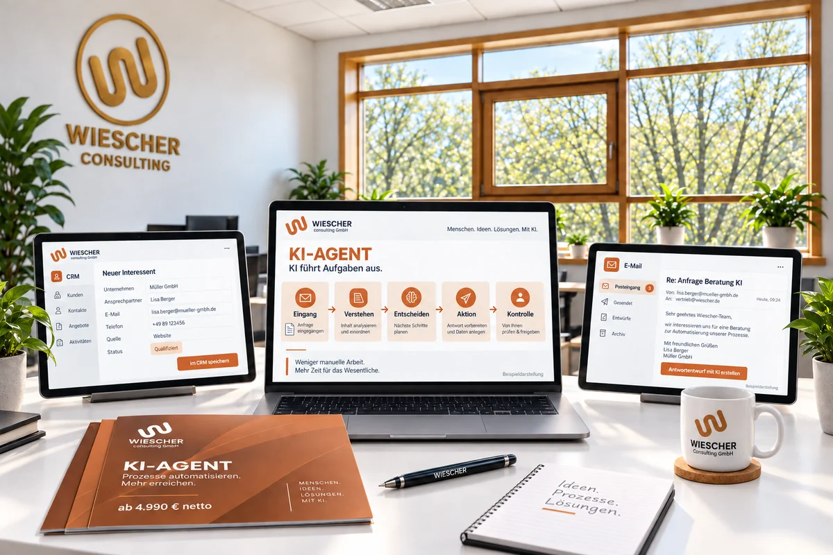 KI-Agent in Kupfer: Laptop mit mehrstufigem Workflow zwischen CRM und E-Mail auf zwei ergänzenden Bildschirmen.