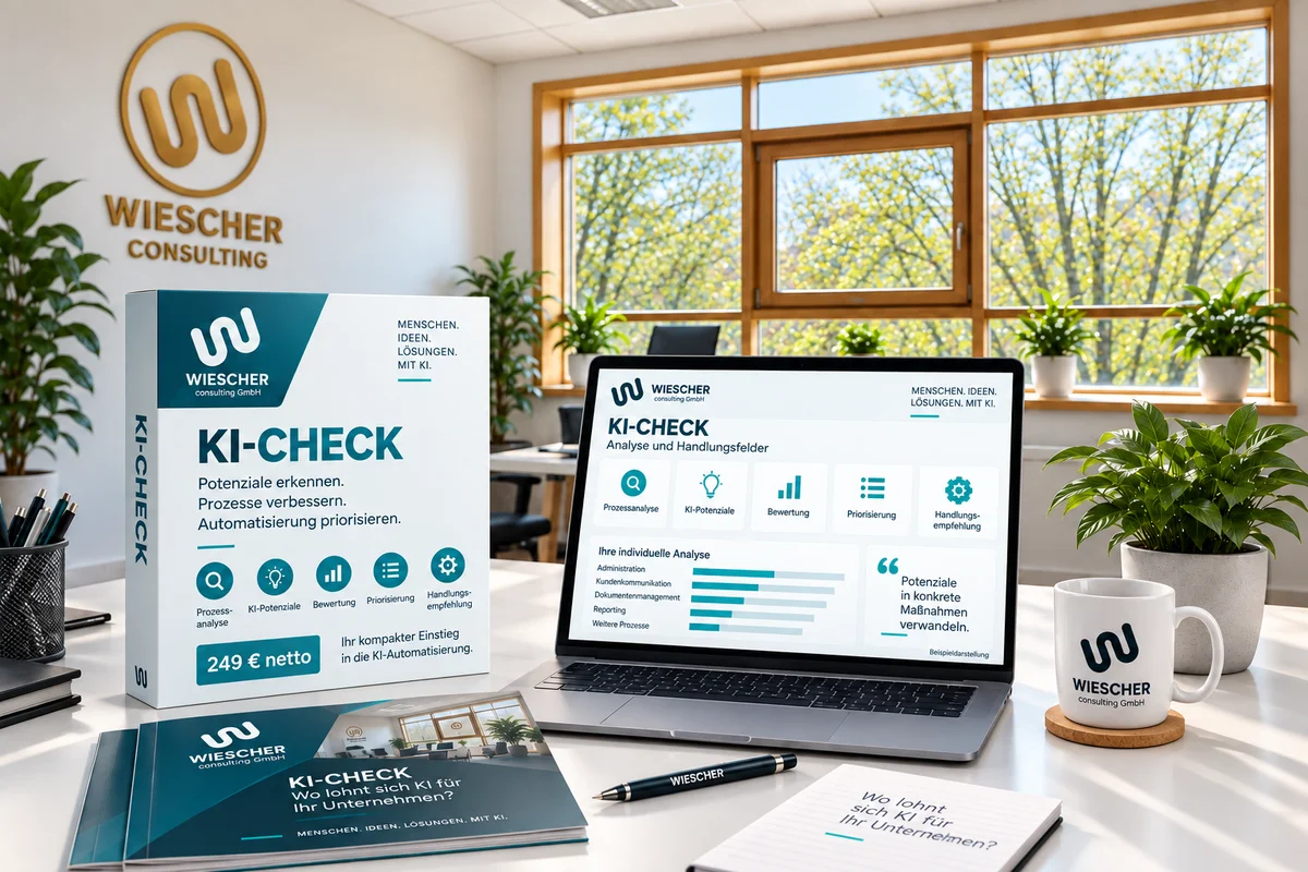 KI-Check in Türkis: Produktbox, Ergebnisbericht und Laptop mit beispielhafter Prozessanalyse im WIESCHER-Büro.