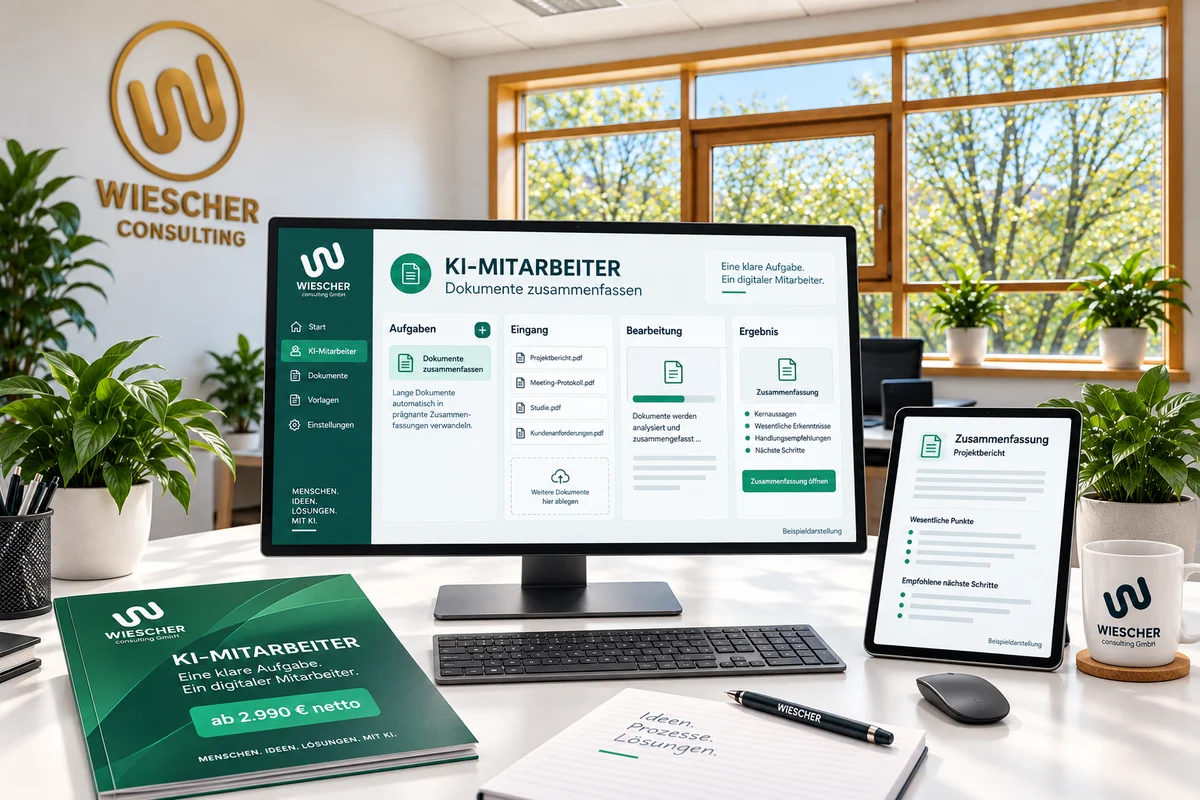 KI-Mitarbeiter in Grün: digitaler Arbeitsplatz mit beispielhafter Dokumentenbearbeitung und Ergebnis auf einem Tablet.