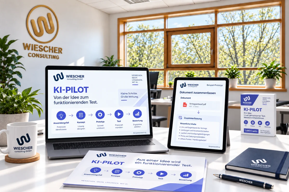 KI-Pilot in Indigo: Laptop mit Pilot-Roadmap, Tablet mit Beispiel-Prototyp und gedruckter Roadmap im WIESCHER-Büro.
