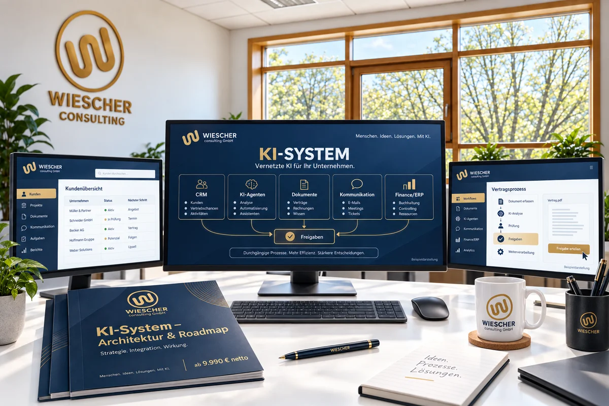 KI-System in Navy und Gold: drei Bildschirme mit vernetzter Systemlandschaft und Report Architektur und Roadmap.