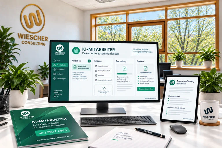 KI-Mitarbeiter in Grün: digitaler Arbeitsplatz mit beispielhafter Dokumentenbearbeitung und Ergebnis auf einem Tablet.