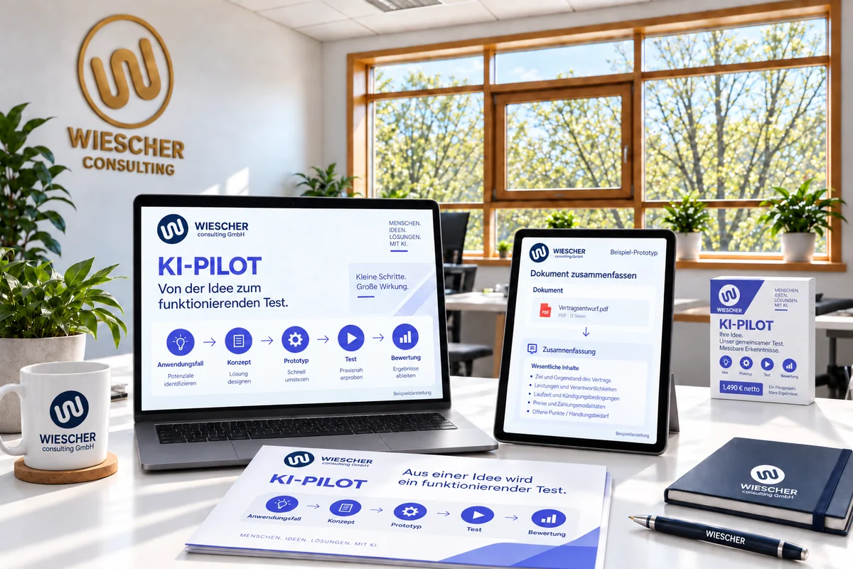 KI-Pilot in Indigo: Laptop mit Pilot-Roadmap, Tablet mit Beispiel-Prototyp und gedruckter Roadmap im WIESCHER-Büro.